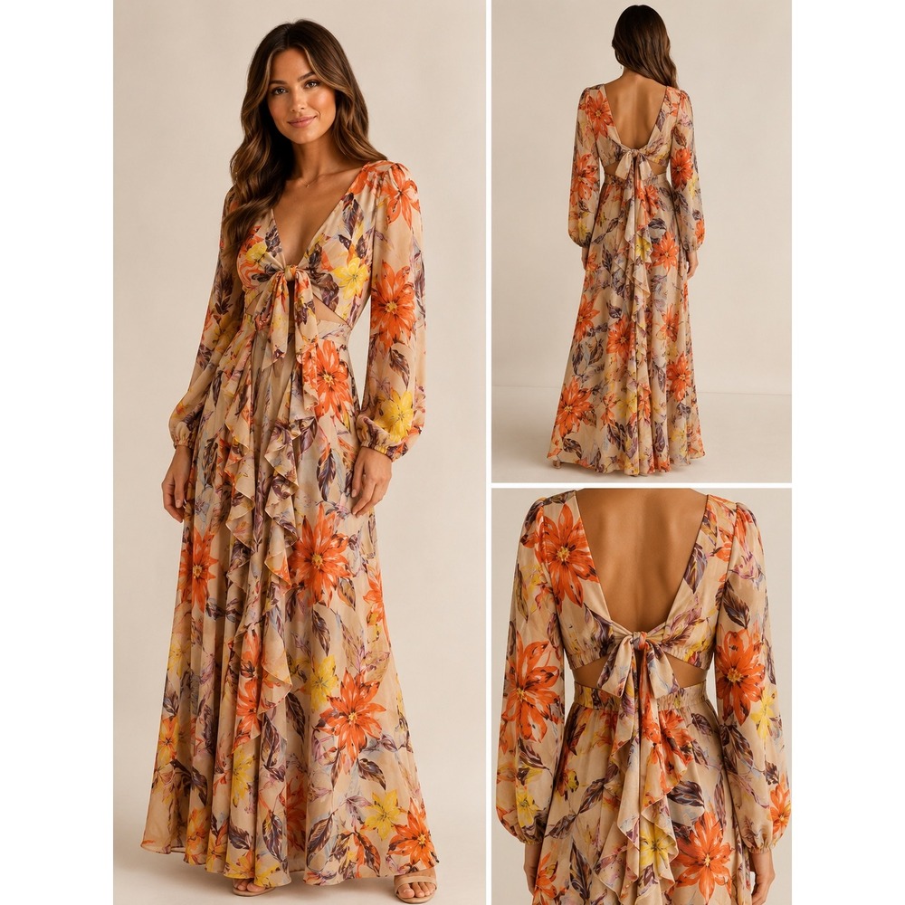 THE SANG Floral Ruffle Open Back Maxi Dress Orange Yellow Long Sleeve Small